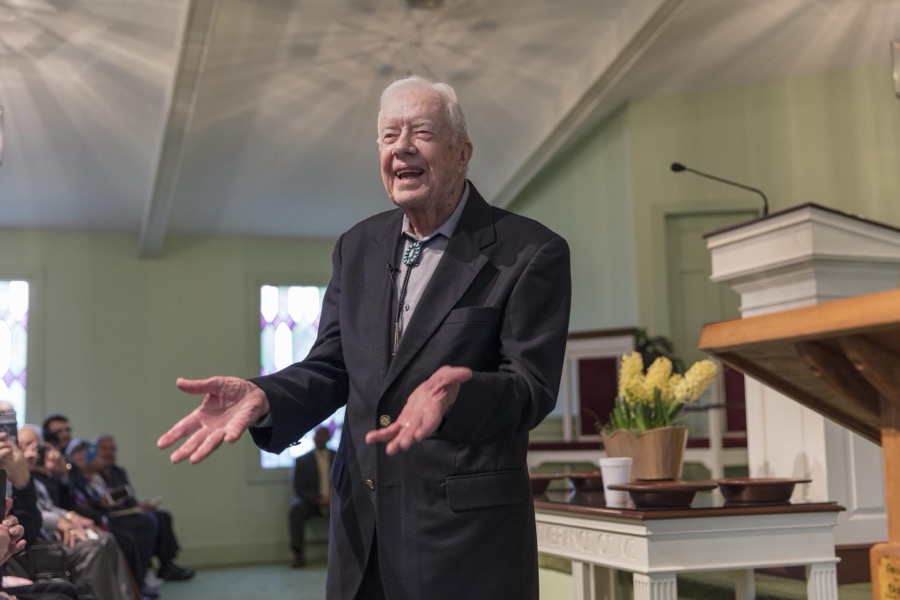Ninety-two-year-old former U.S. president Jimmy Carter discusses the meaning of a biblical passage during his Sunday School lesson at the Maranantha Baptist Church in Carter's hometown of Plains, Georgia