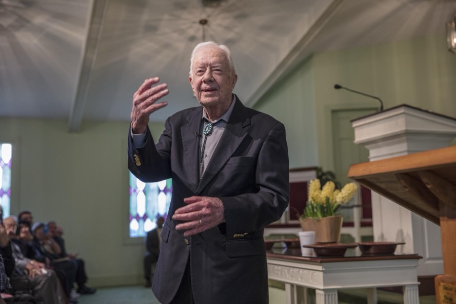Ninety-two-year-old former U.S. president Jimmy Carter discusses the meaning of a biblical passage during his Sunday School lesson at the Maranantha Baptist Church in Carter's hometown of Plains, Georgia