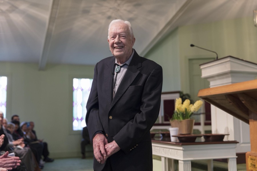 Ninety-two-year-old former U.S. president Jimmy Carter discusses the meaning of a biblical passage during his Sunday School lesson at the Maranantha Baptist Church in Carter's hometown of Plains, Georgia