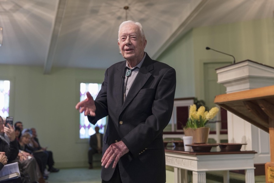 Ninety-two-year-old former U.S. president Jimmy Carter discusses the meaning of a biblical passage during his Sunday School lesson at the Maranantha Baptist Church in Carter's hometown of Plains, Georgia