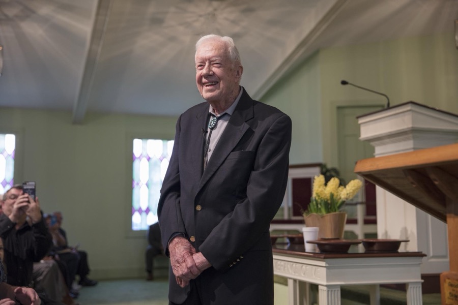 Ninety-two-year-old former U.S. president Jimmy Carter discusses the meaning of a biblical passage during his Sunday School lesson at the Maranantha Baptist Church in Carter's hometown of Plains, Georgia