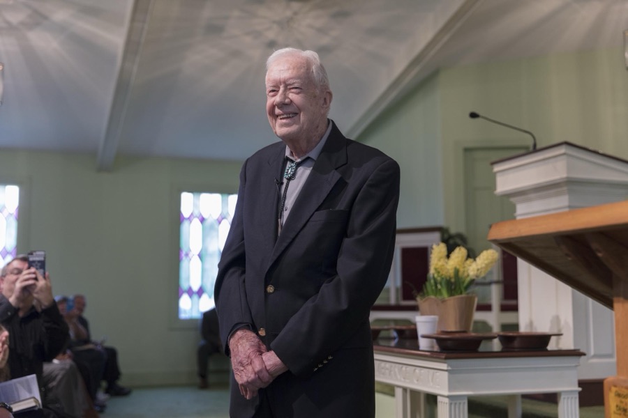 Ninety-two-year-old former U.S. president Jimmy Carter discusses the meaning of a biblical passage during his Sunday School lesson at the Maranantha Baptist Church in Carter's hometown of Plains, Georgia