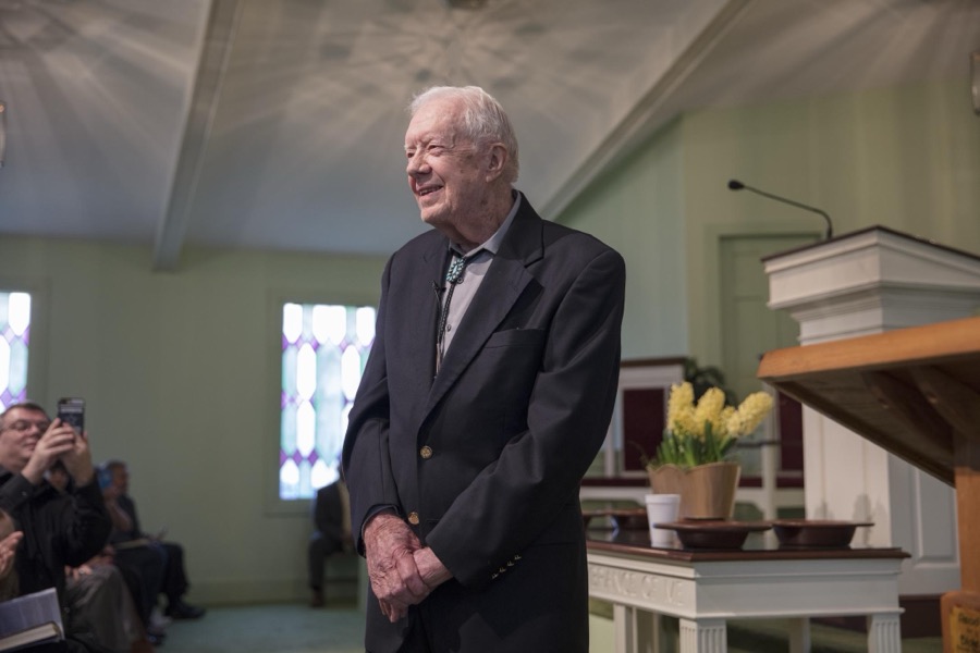Ninety-two-year-old former U.S. president Jimmy Carter discusses the meaning of a biblical passage during his Sunday School lesson at the Maranantha Baptist Church in Carter's hometown of Plains, Georgia