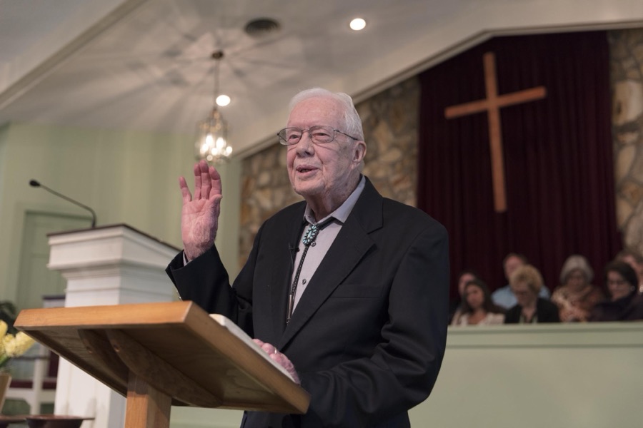 Ninety-two-year-old former U.S. president Jimmy Carter discusses the meaning of a biblical passage during his Sunday School lesson at the Maranantha Baptist Church in Carter's hometown of Plains, Georgia