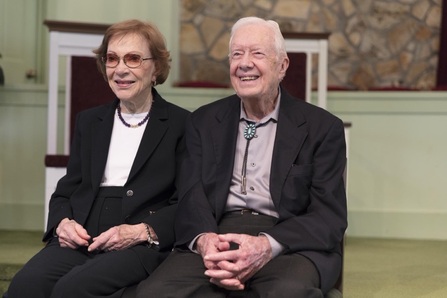 Several times each year former U.S. president Jimmy Carter discusses the meaning of biblical passages during his Sunday School lessons at the Maranantha Baptist Church in Carter's hometown of Plains, Georgia, and following each lesson, he and his wife, former First Lady Rosalynn Carter, also a Plains native, wait to greet each and every parishioner who wishes to be photographed with the former first couple
