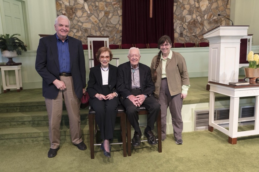 Several times each year former U.S. president Jimmy Carter discusses the meaning of biblical passages during his Sunday School lessons at the Maranantha Baptist Church in Carter's hometown of Plains, Georgia, and following each lesson, he and his wife, former First Lady Rosalynn Carter, also a Plains native, wait to greet each and every parishioner who wishes to be photographed with the former first couple