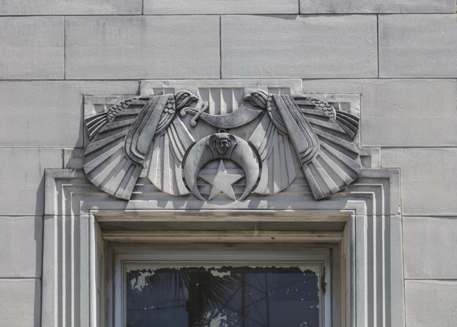Detail of the vacant, Egyptian-motif Al-Sihah Shrine Temple in Macon, Georgia