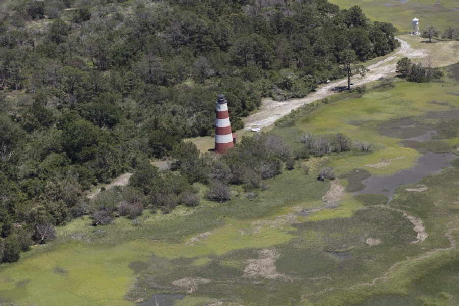 Aerial view of Sapelo Island Lighthouse, a nautical light near the southern tip of Sapelo Island, Georgia