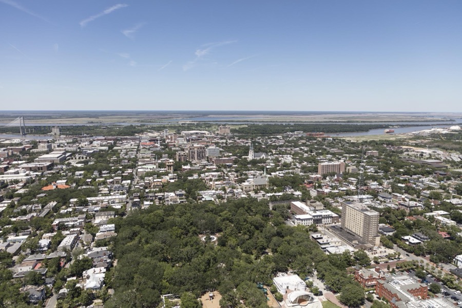 An aerial view of Savannah, Georgia