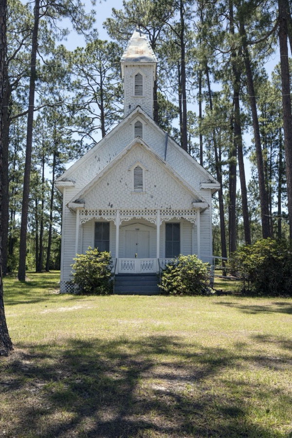 Old Ruskin Church, a "country church" in Ware County, Georgia, built circa 1895, is all that's left of the settlement of Ruskin, and old sawmill town near Waycross