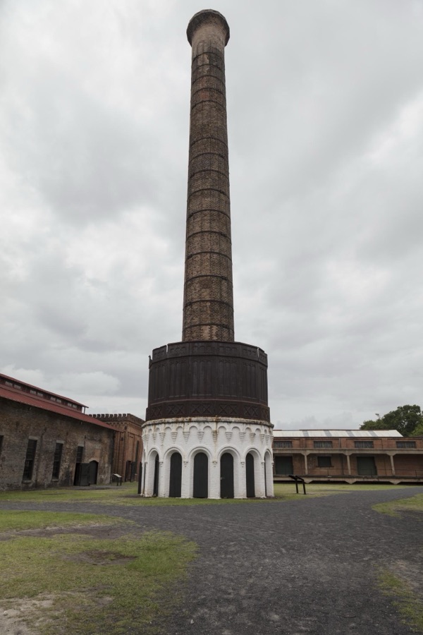 Enormous chimney at the Georgia State Railroad Museum on the grounds of the old Central of Georgia Railway Savannah Shops and Terminal facilities in Savannah, Georgia