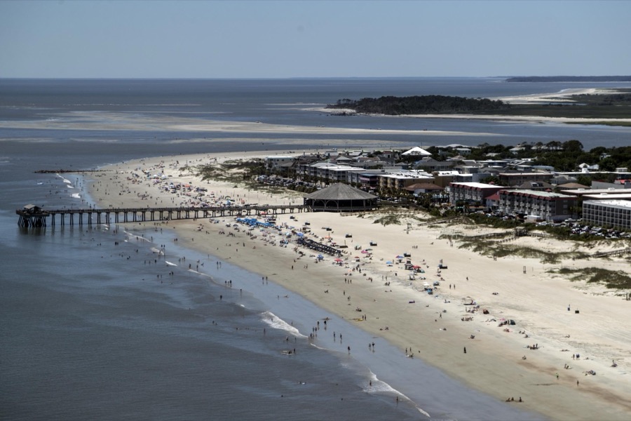 Aerial view of a pier on Tybee Island, Georgia, near Savannah
