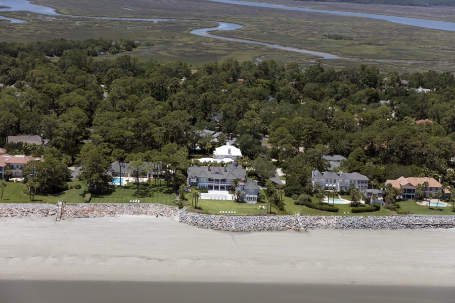 Aerial view of the privately owned Sea Island, a barrier island off the coast of Georgia