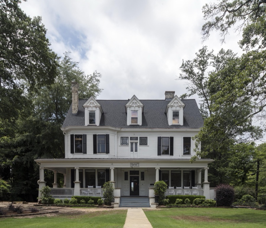The fraternity house of Beta Theta Pi, one of several fraternities and sororities occupying former mansions along Milledge Avenue, adjacent to the campus of the University of Georgia in Athens