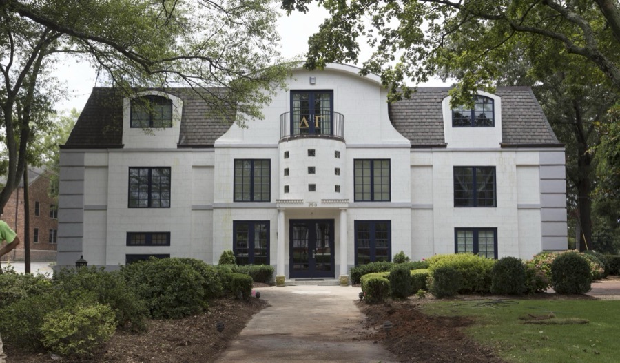 The sorority house of Delta Gamma, one of several fraternities and sororities occupying former mansions along Milledge Avenue, adjacent to the campus of the University of Georgia in Athens