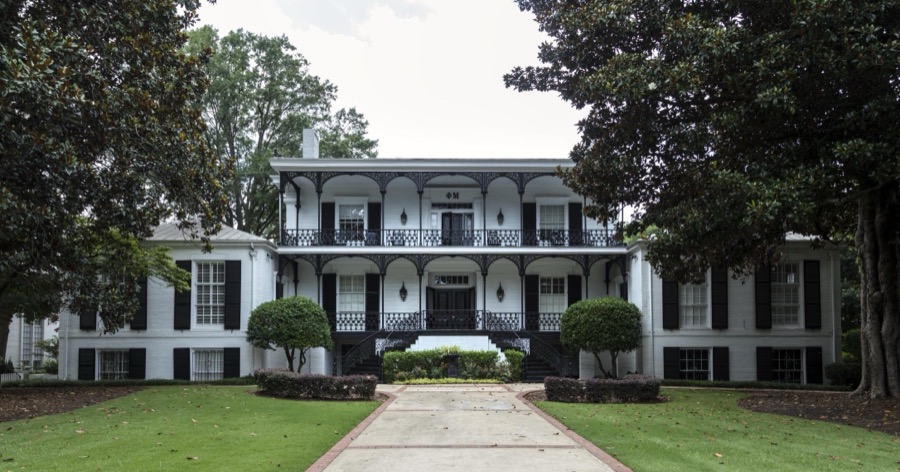 The sorority house of Phi Mu, one of several fraternities and sororities occupying former mansions along Milledge Avenue, adjacent to the campus of the University of Georgia in Athens
