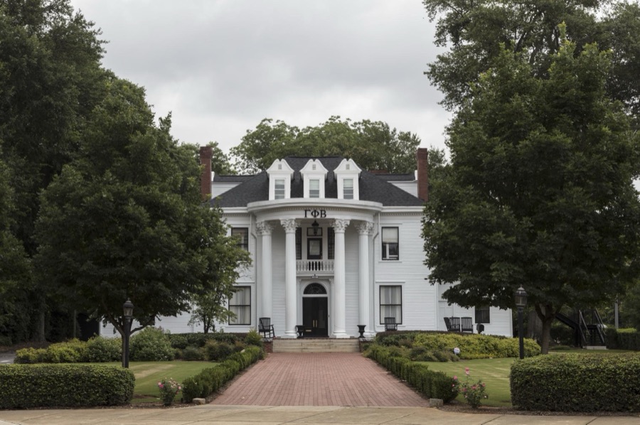 The sorority house of Gamma Phi Beta, one of several fraternities and sororities occupying former mansions along Milledge Avenue, adjacent to the campus of the University of Georgia in Athens