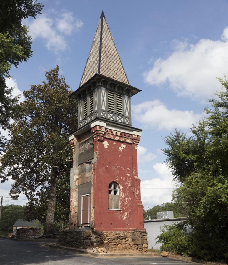 The now-iconic tower and steeple, all that remains of the 1869 St. Mary's Episcopal Church in Athens, Georgia