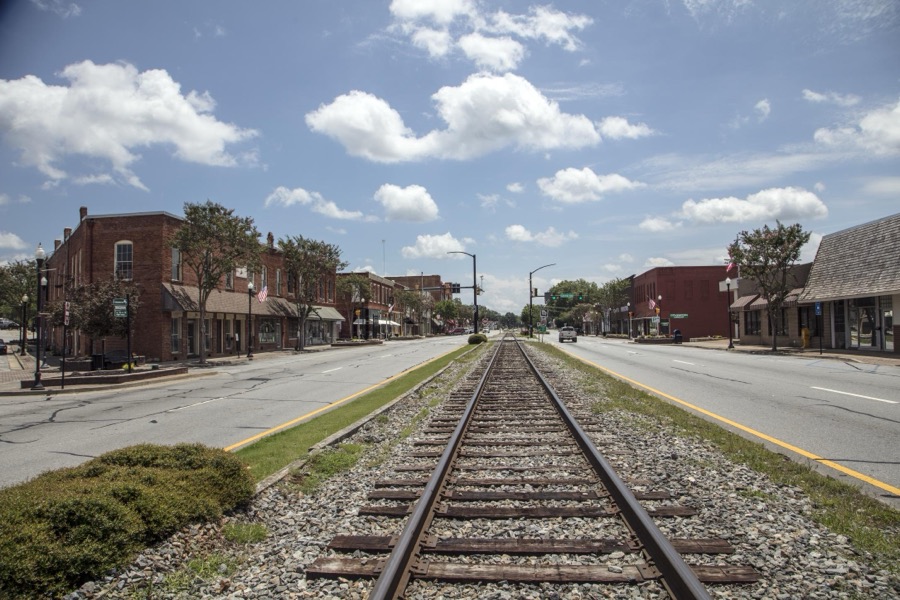 As in many Southern U.S. cities, a railroad track runs right down the middle of Commerce, Georgia's, main street