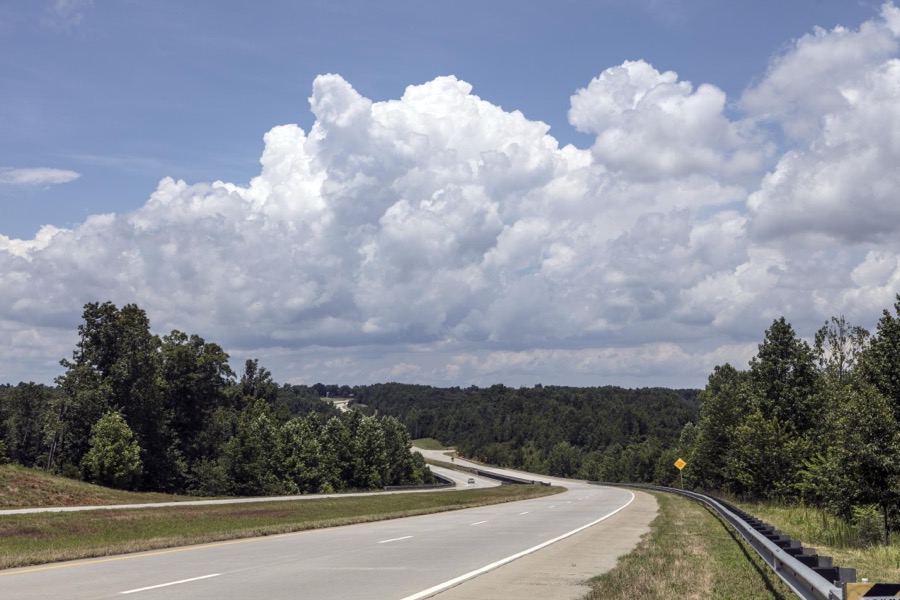 Clouds gather over the highway outside Homer, Georgia