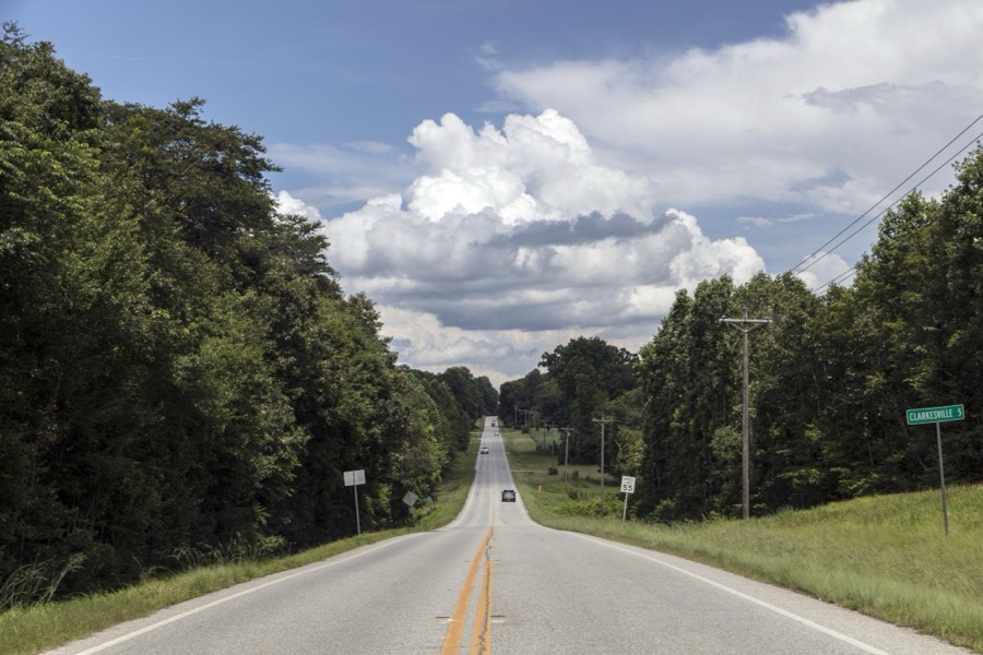 Clouds roil in the distance near Clarkesville, Georgia