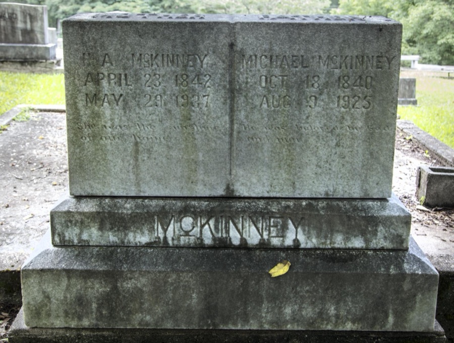 Gravestone in Blue Ridge of Col. Michael McKinney and his wife, Hepsy Adaline McClure McKinney, (identified here as just "A McKinney"), founders of the community in far-northwest Georgia, near the Tennessee line