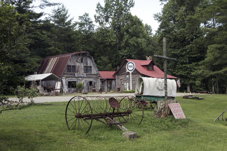 The Happy Goat Trading Company, which offers a religious message along with eclectic rural items, near the settlement of Young Harris in Towns County, Georgia, near the North Carolina line