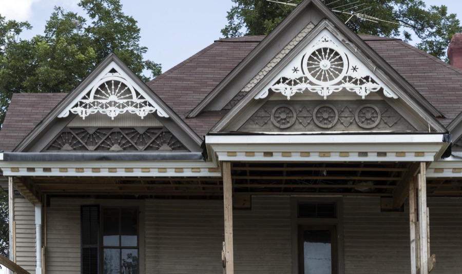 Ornate "gingerbread" trim on a Victorian house in Jefferson, Georgia
