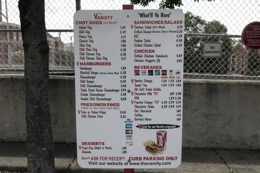 Menu board at The Varsity, often called the Varsity Grill, a local drive-in restaurant that became somewhat of a "must-see" institution in Atlanta, the capital city of the southern U.S. state of Georgia and the state's largest city