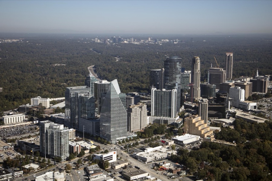 Aerial photograph of Atlanta, Georgia, taken in October 2017, with a focus on the city's Buckhead neighborhood
