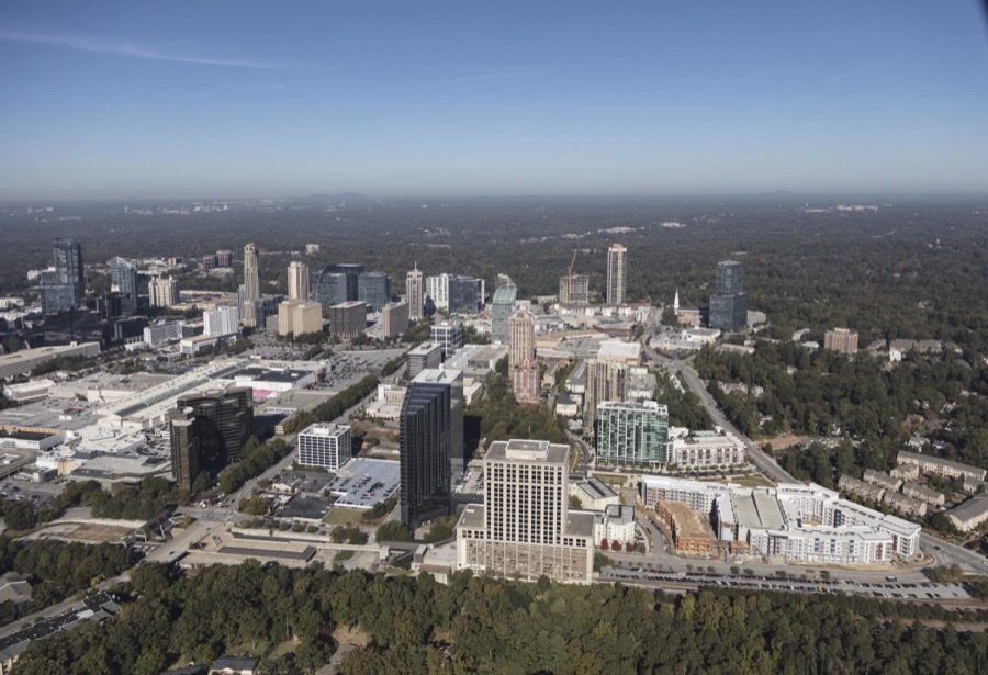 Aerial photograph of Atlanta, Georgia, taken in October 2017, with a focus on the city's Buckhead neighborhood