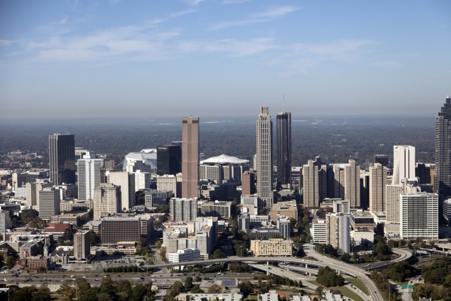 Aerial photograph of the skyscraper-filled downtown heart of Atlanta, Georgia, taken in October 2017
