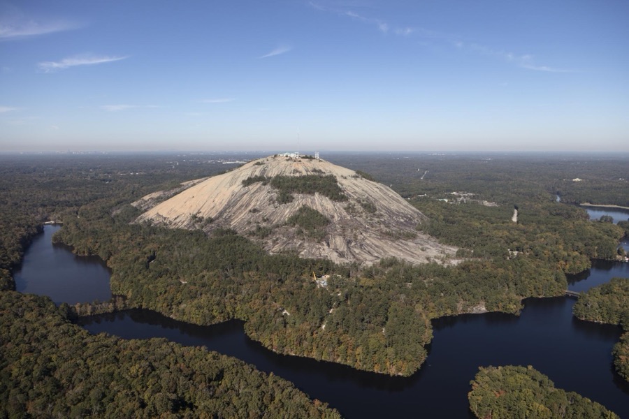 Aerial photograph, taken in October 2017, of Stone Mountain, in the town of the same name east of downtown Atlanta, Georgia