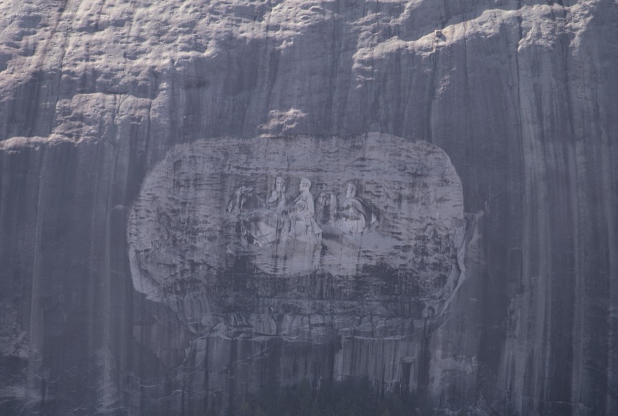 Aerial photograph, taken in October 2017, of a controversial Confederate memorial on Stone Mountain in the town of the same name east of downtown Atlanta, Georgia