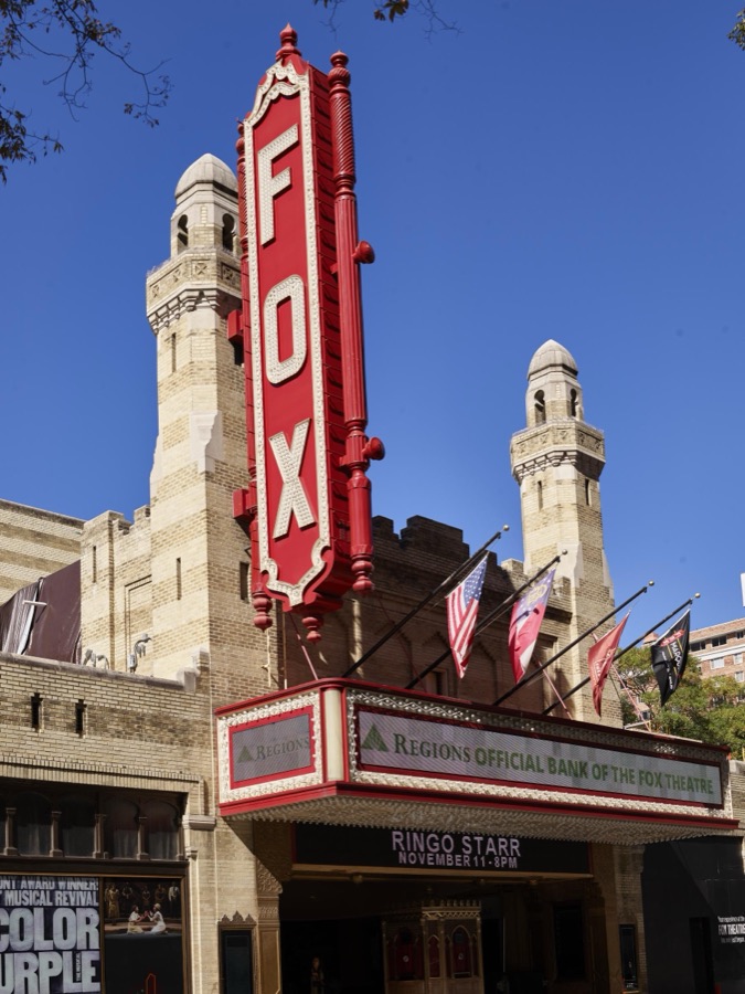 Marquee and elaborate facade of the historic Fox Theatre in downtown Atlanta, Georgia