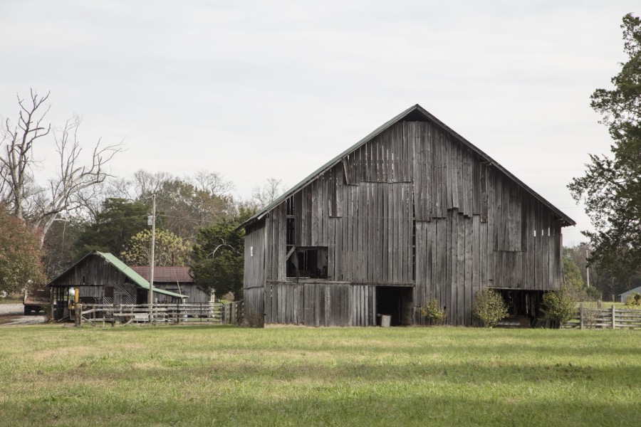Old barns, one quite big, and one quite small, near Chicamauga, Georgia