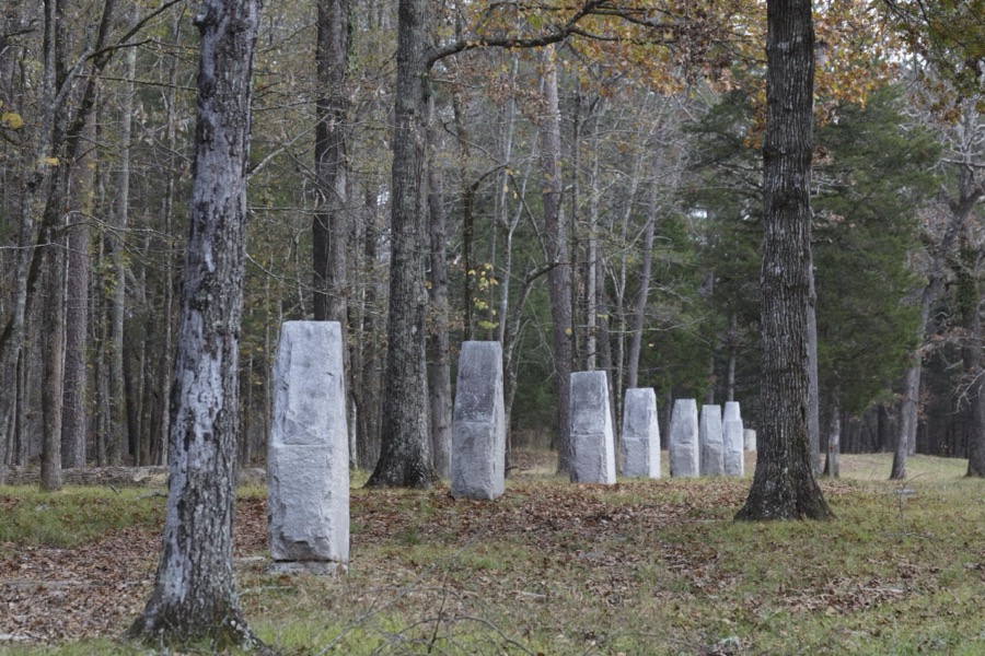 Row of historical markers, smaller than the park's large monuments, at the Chickamauga portion of the Chickamauga & Chattanooga National Military Park