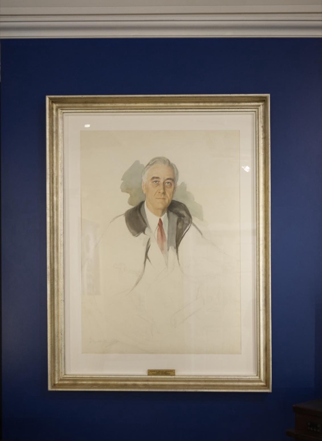 Elizabeth Shoumatoff's "Unfinished Portrait" of Franklin Roosevelt on a wall in the "Little White House" in Warm Springs, Georgia, the town in which he sought treatment for polio in 1924, nine years before he became U.S. president