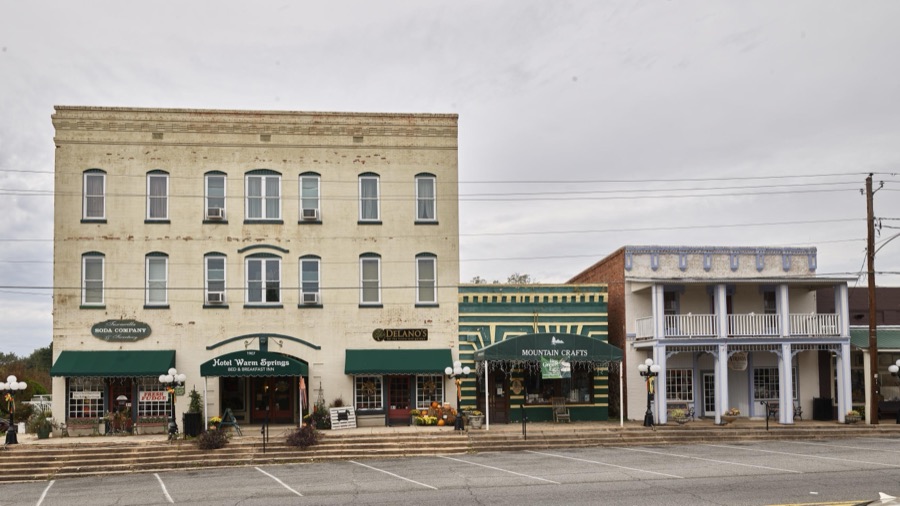 Buildings in downtown Warm Springs, Georgia, the town in which Franklin Roosevelt sought treatment for polio in 1924, nine years before he became U.S. president