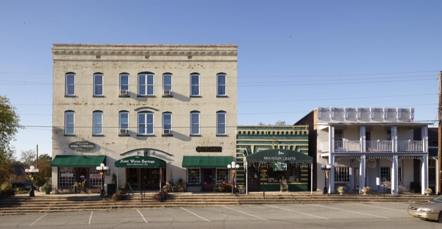 Downtown block, including the Hotel Warm Springs building, in downtown Warm Springs, Georgia
