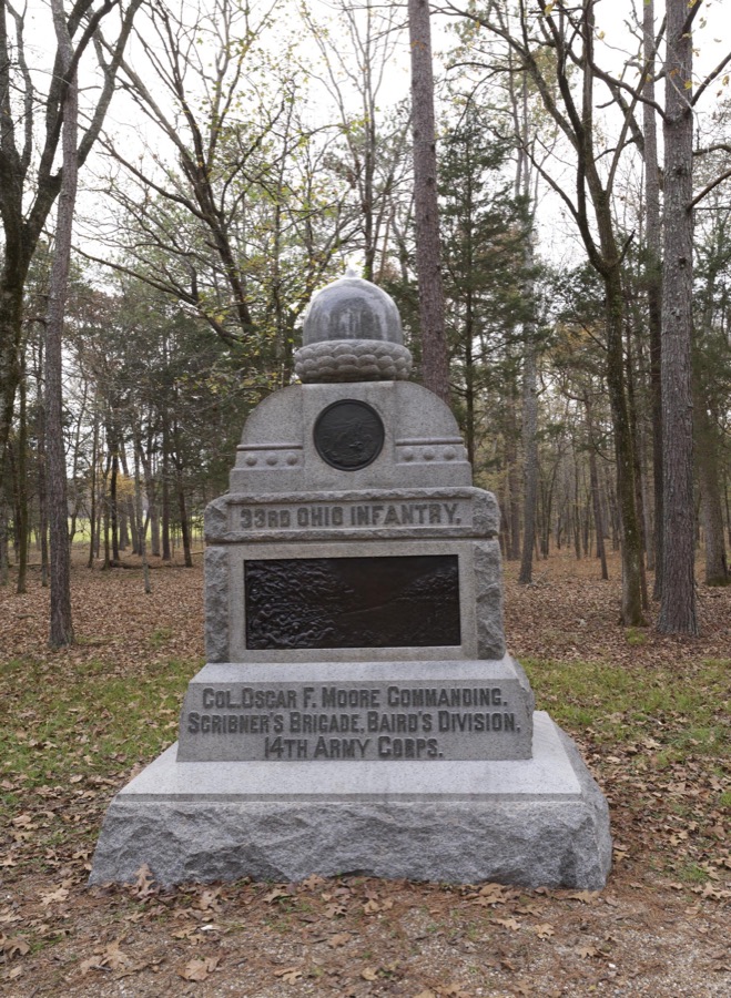 The 33rd Ohio Infantry monument at the Chickamauga portion of the Chickamauga & Chattanooga National Military Park unit near Chickamauga, Georgia