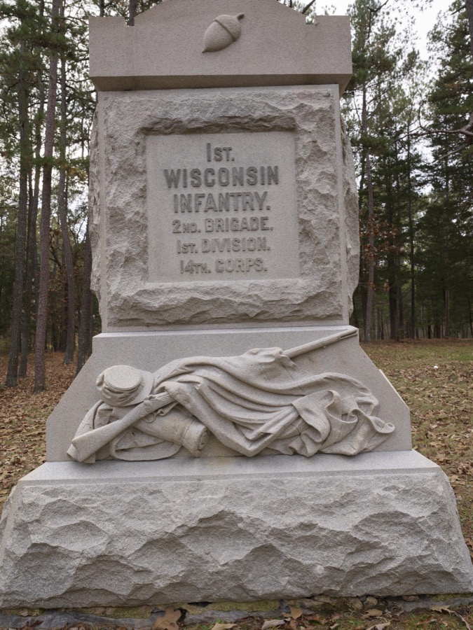 A portion of the 1st Wisconsin Volunteer Infantry Regiment monument, including an unusual acorn symbol, at the Chickamauga portion of the Chickamauga & Chattanooga National Military Park near Chickamauga, Georgia