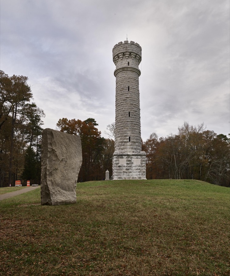 The John T. Wilder Monument, right, one of the most visited spots at the Chickamauga portion of the Chickamauga & Chattanooga National Military Park, near Chickamauga, Georgia, in part because visitors can climb to the top and look over the entire battlefield
