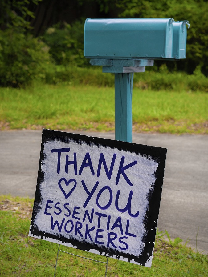 Thank you, essential workers. A sign seen in DeKalb County, Winnona Park, Georgia