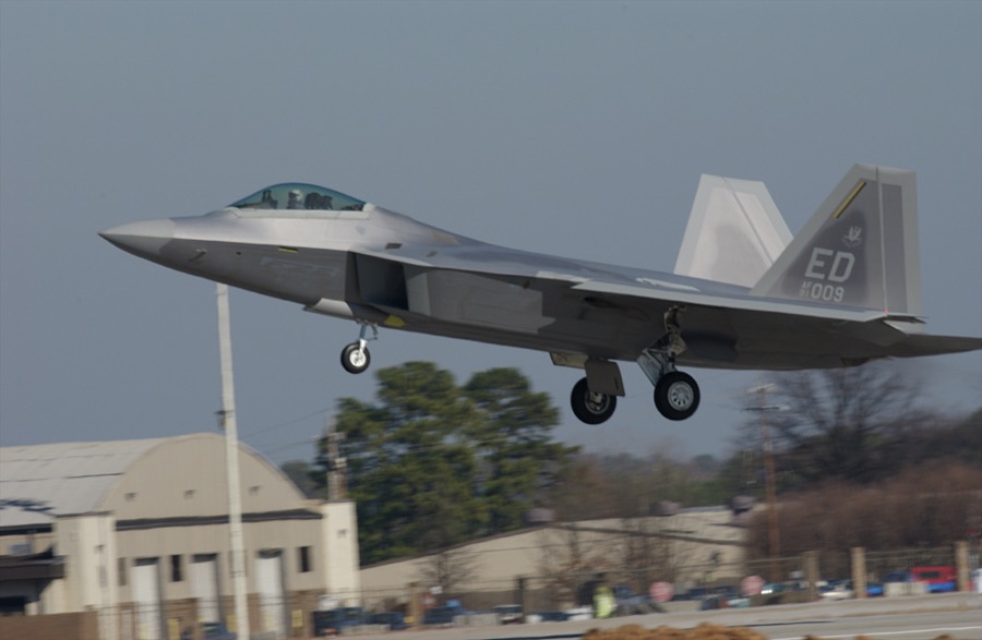 An F/A-22 Raptor takes off from an airstrip at Lockheed Martin in Marietta, Georgia