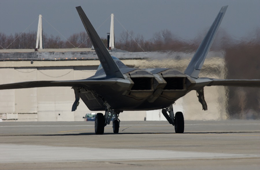 An F/A-22 Raptor prepares for take-off from an airstrip at Lockheed Martin in Marietta, Georgia