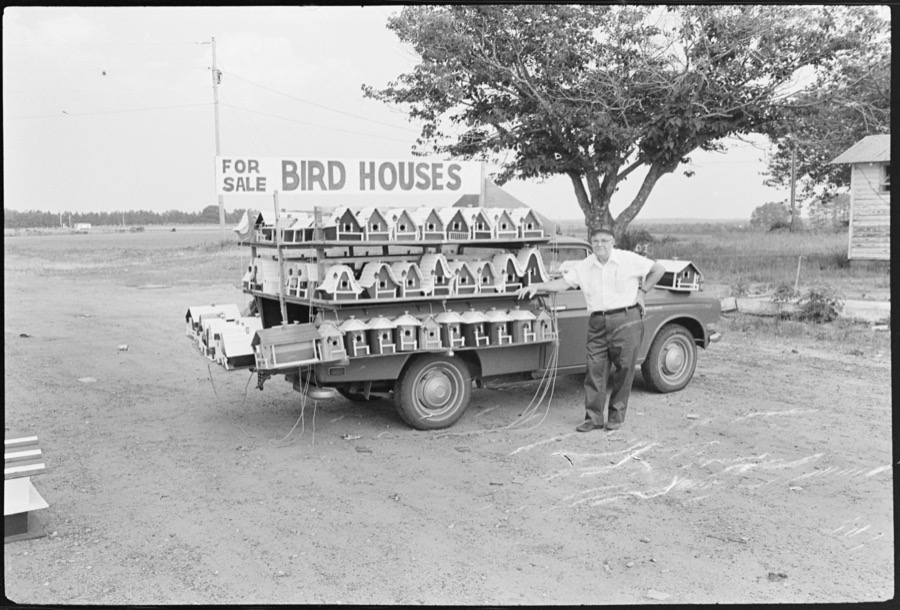 Cecil Bridges selling birdhouses near Albany, Georgia; South Georgia Sacred Harp Singing Convention, Georgia Agrirama, Tifton, Georgia