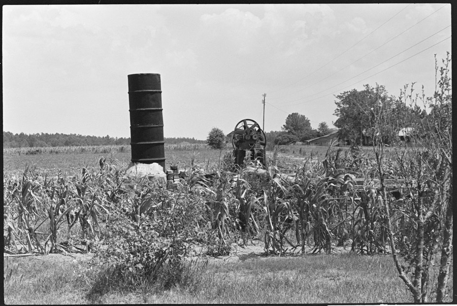 Cane mill and evaporator, Colquitt County, Georgia; Edgar Cooper farm, Colquitt County, Georgia, dogtrot house, tobacco barn, pond boat