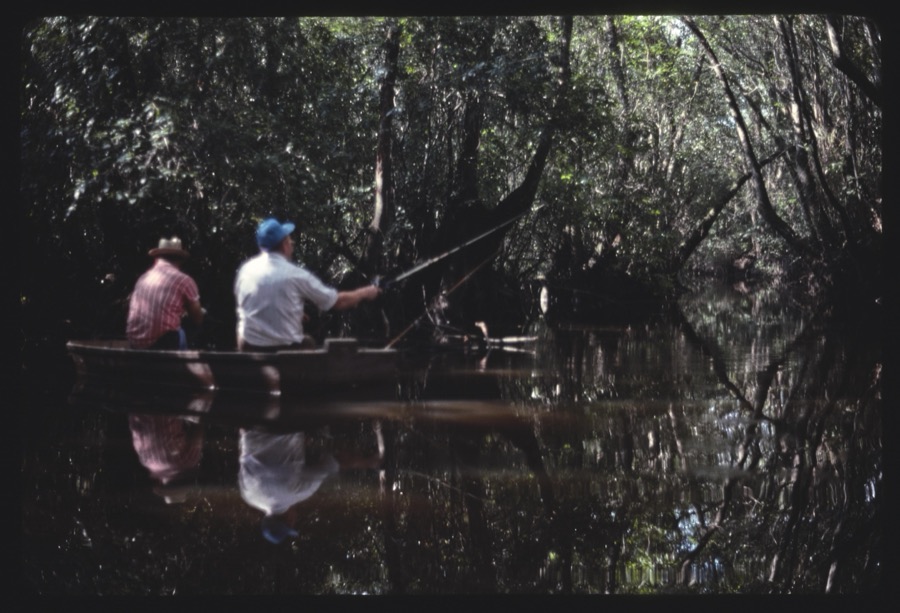 Fishing on the Alapaha River, Tift County, Georgia; Folklife fieldwork site visit maps, ABAC, Tifton, Georgia; Scenes in Ocilla, Georgia; Walter Edwards cuts bamboo for whistle, Ocilla, Georgia