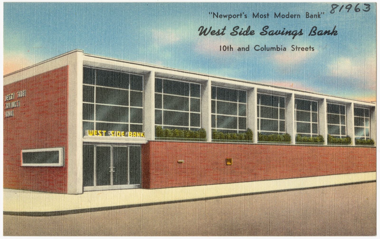 West Side Savings Bank, 10th and Columbia Streets, "Newport's Most Modern Bank", Boston Public Library - undated